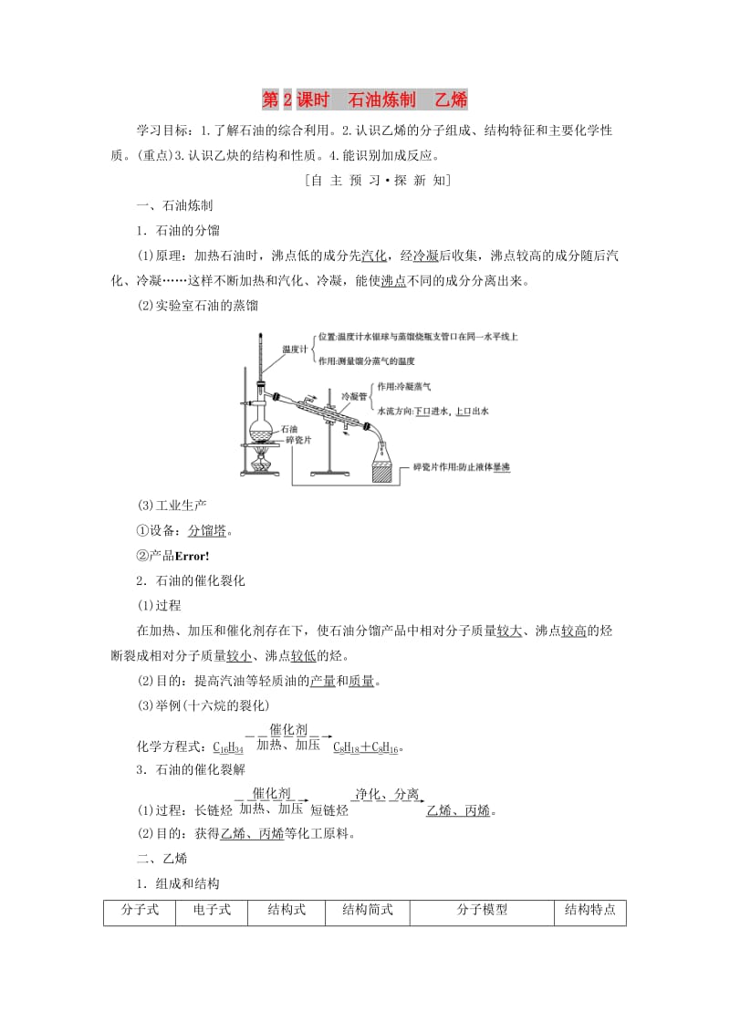 2018-2019学年高中化学 专题3 有机化合物的获得与应用 第2单元 食品中的有机化合物 第2课时 石油炼制 乙烯学案 苏教版必修2.doc_第1页