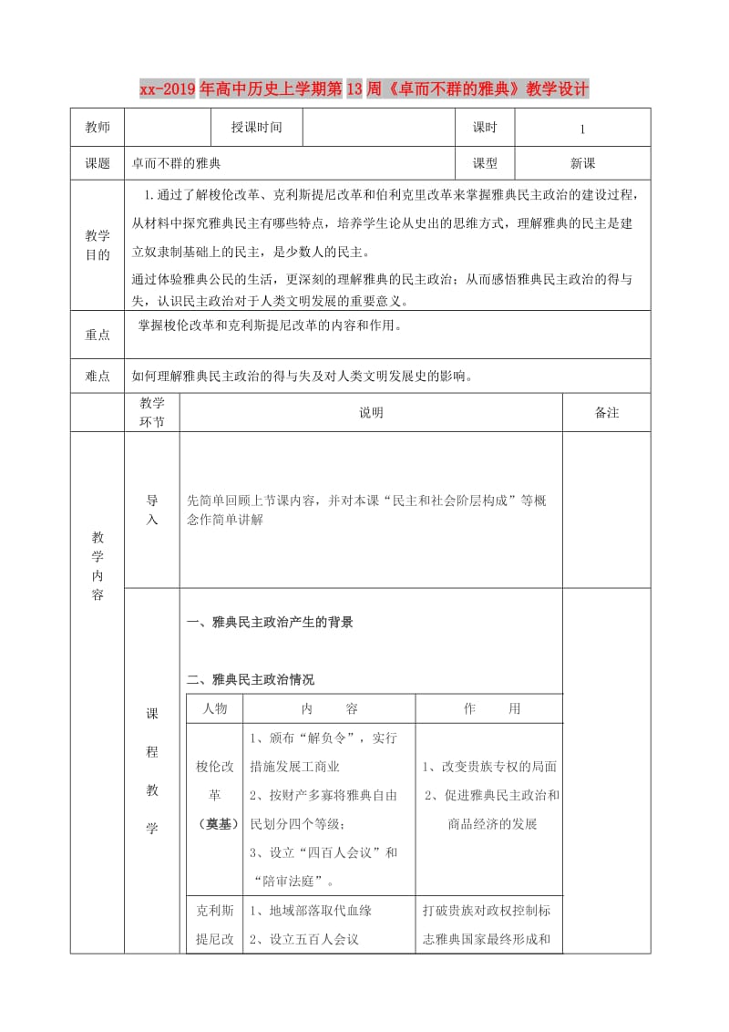 2018-2019年高中历史上学期第13周《卓而不群的雅典》教学设计.doc_第1页