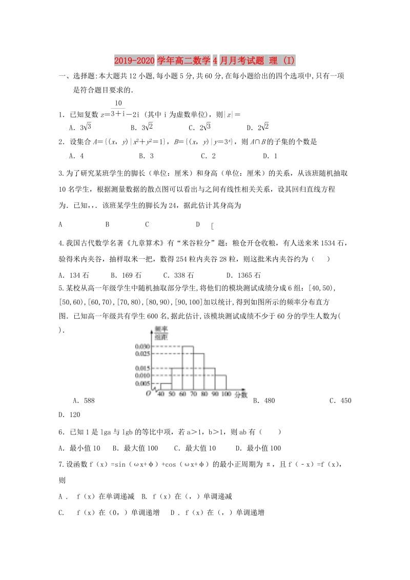 2019-2020学年高二数学4月月考试题 理 (I).doc_第1页