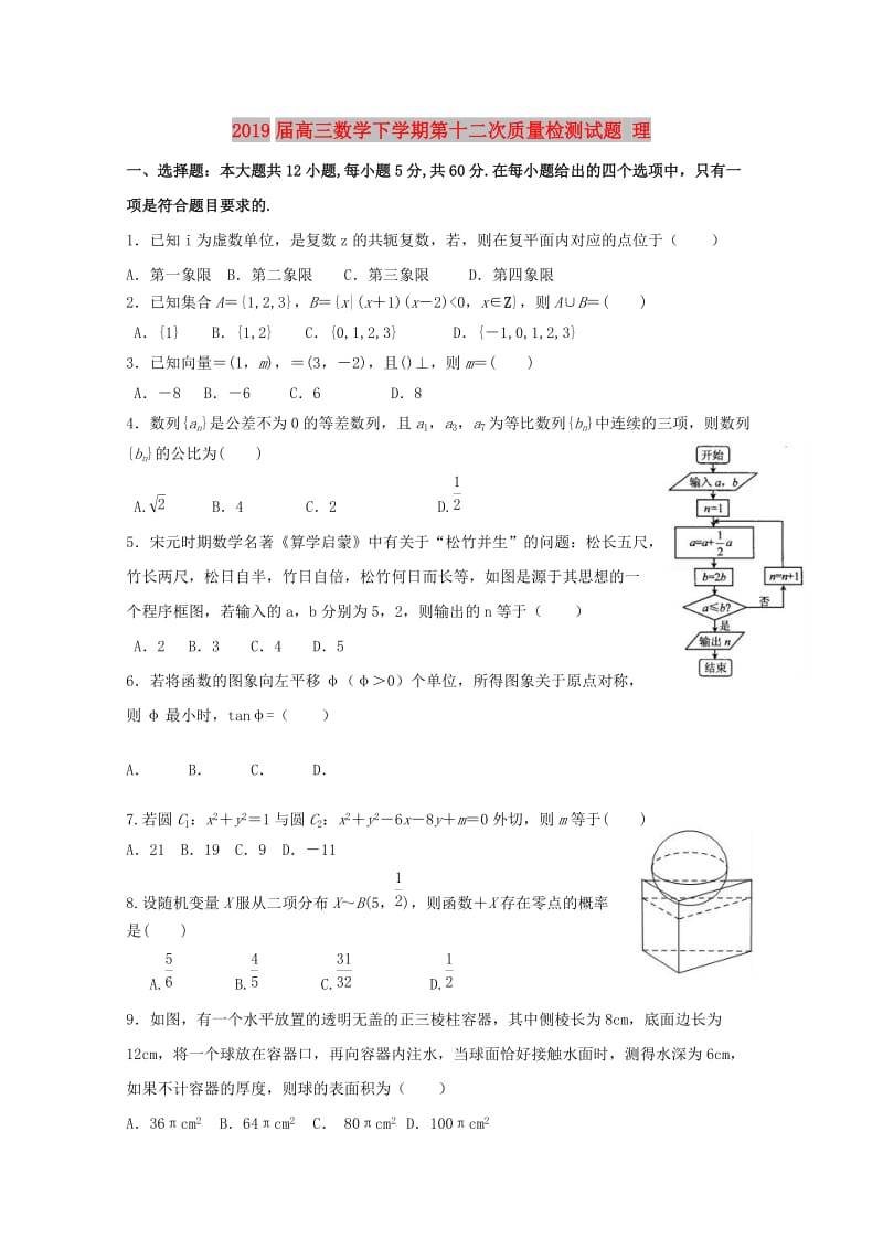 2019届高三数学下学期第十二次质量检测试题 理.doc_第1页