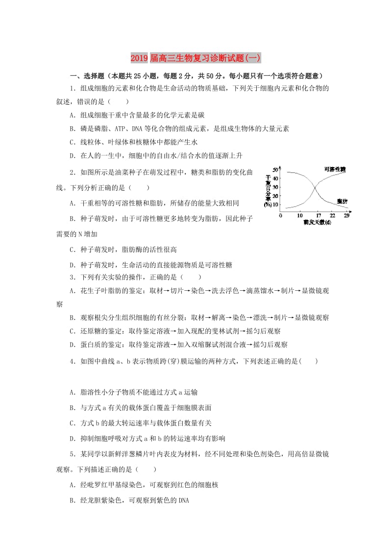 2019届高三生物复习诊断试题(一).doc_第1页