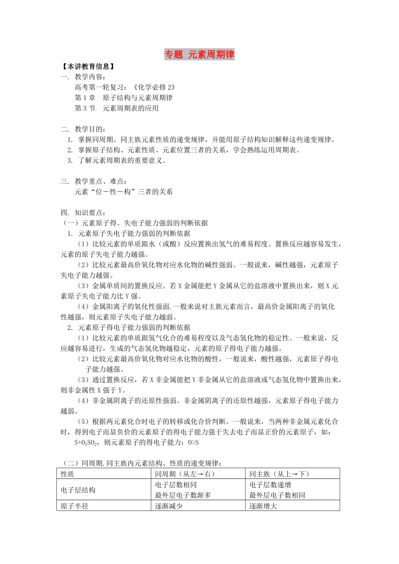 2018高考化学第一轮复习 专题 元素周期律学案 鲁科版.doc_第1页