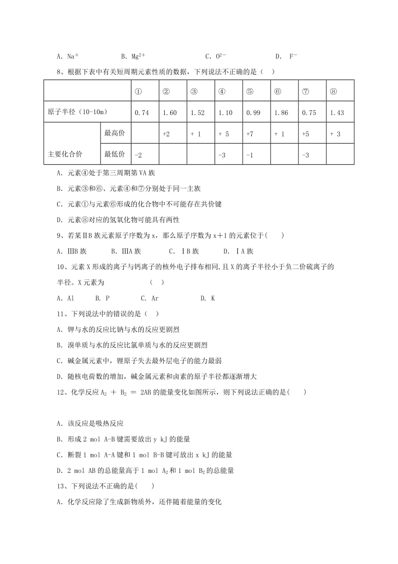 2019-2020学年高一化学4月月考试题无答案 (I).doc_第2页