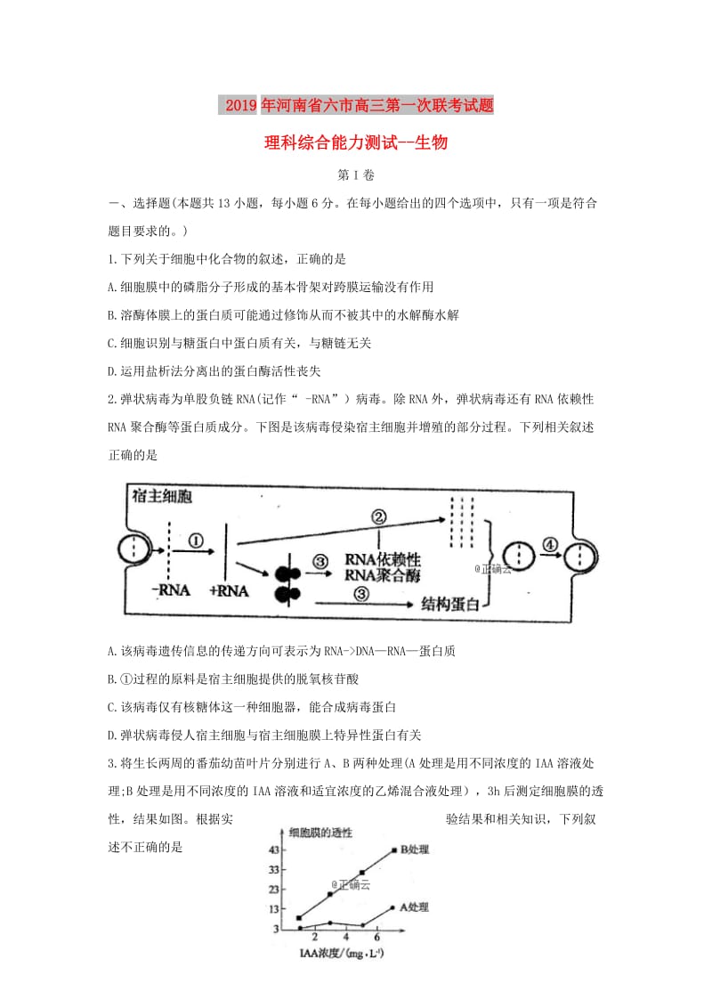 河南省六市2019届高三生物下学期第一次联考试题.doc_第1页