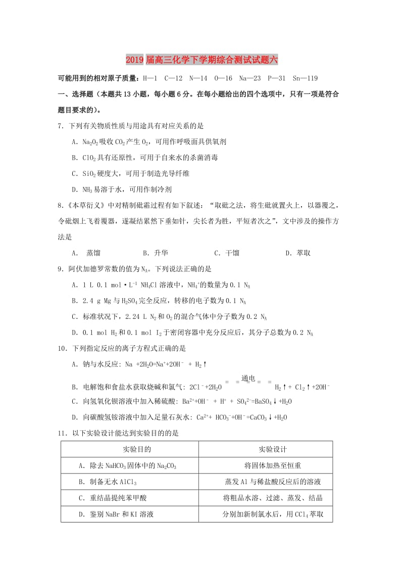 2019届高三化学下学期综合测试试题六.doc_第1页