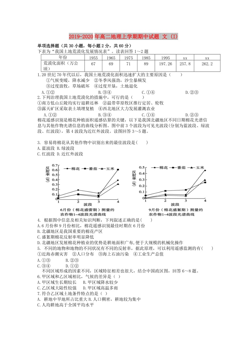 2019-2020年高二地理上学期期中试题 文 (I).doc_第1页