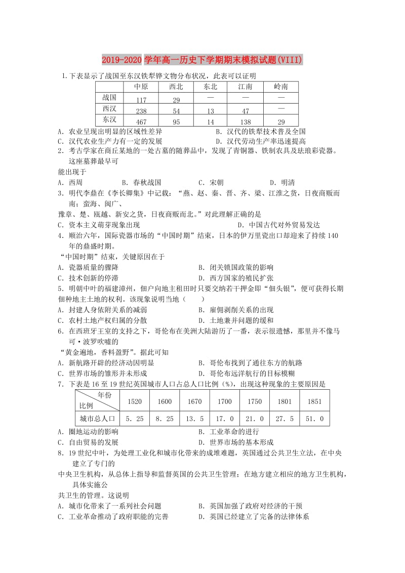 2019-2020学年高一历史下学期期末模拟试题(VIII).doc_第1页