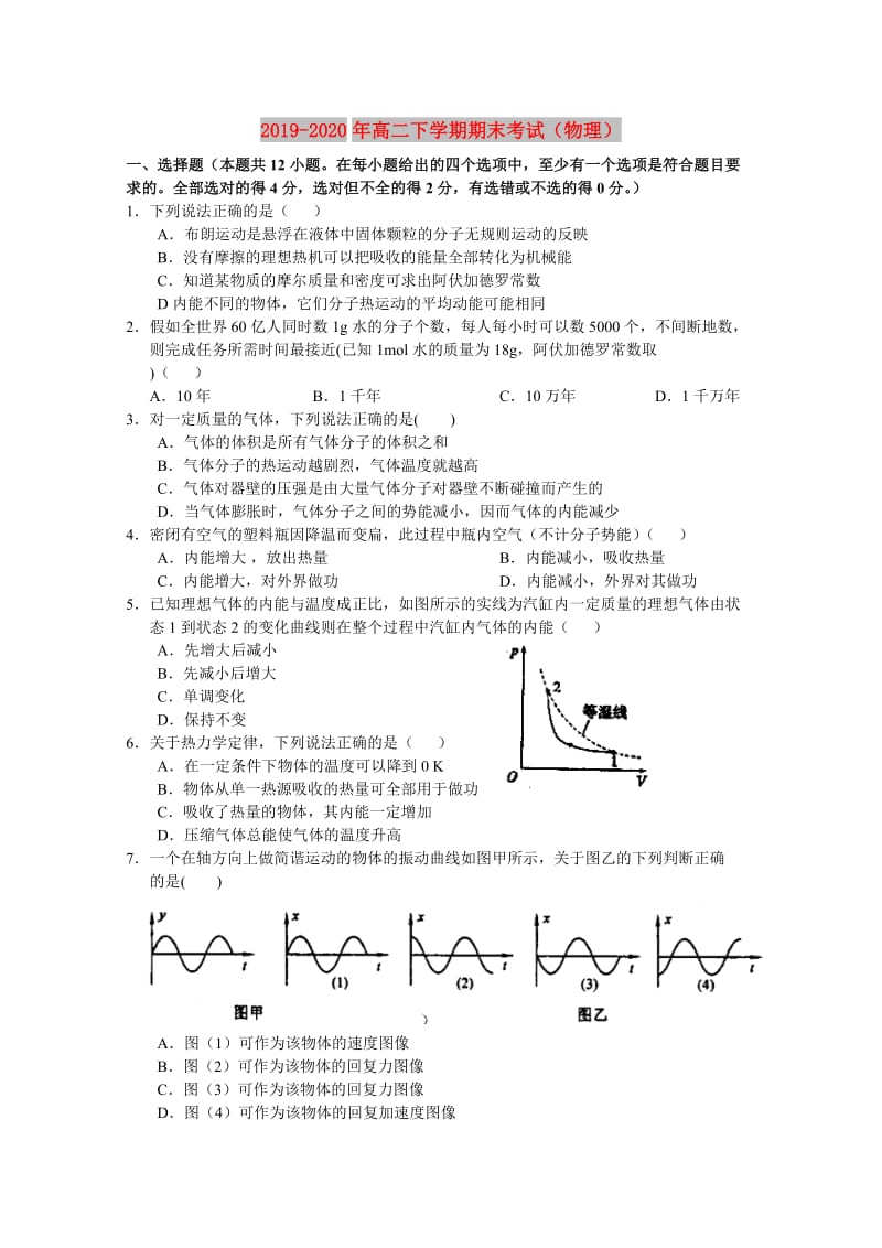 2019-2020年高二下学期期末考试（物理）.doc_第1页