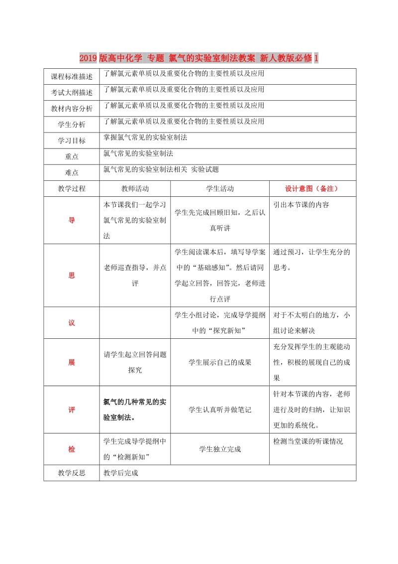 2019版高中化学 专题 氯气的实验室制法教案 新人教版必修1.doc_第1页