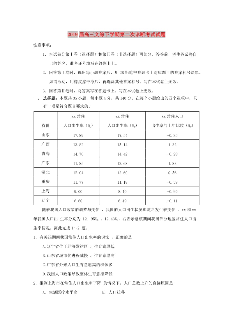 2019届高三文综下学期第二次诊断考试试题.doc_第1页