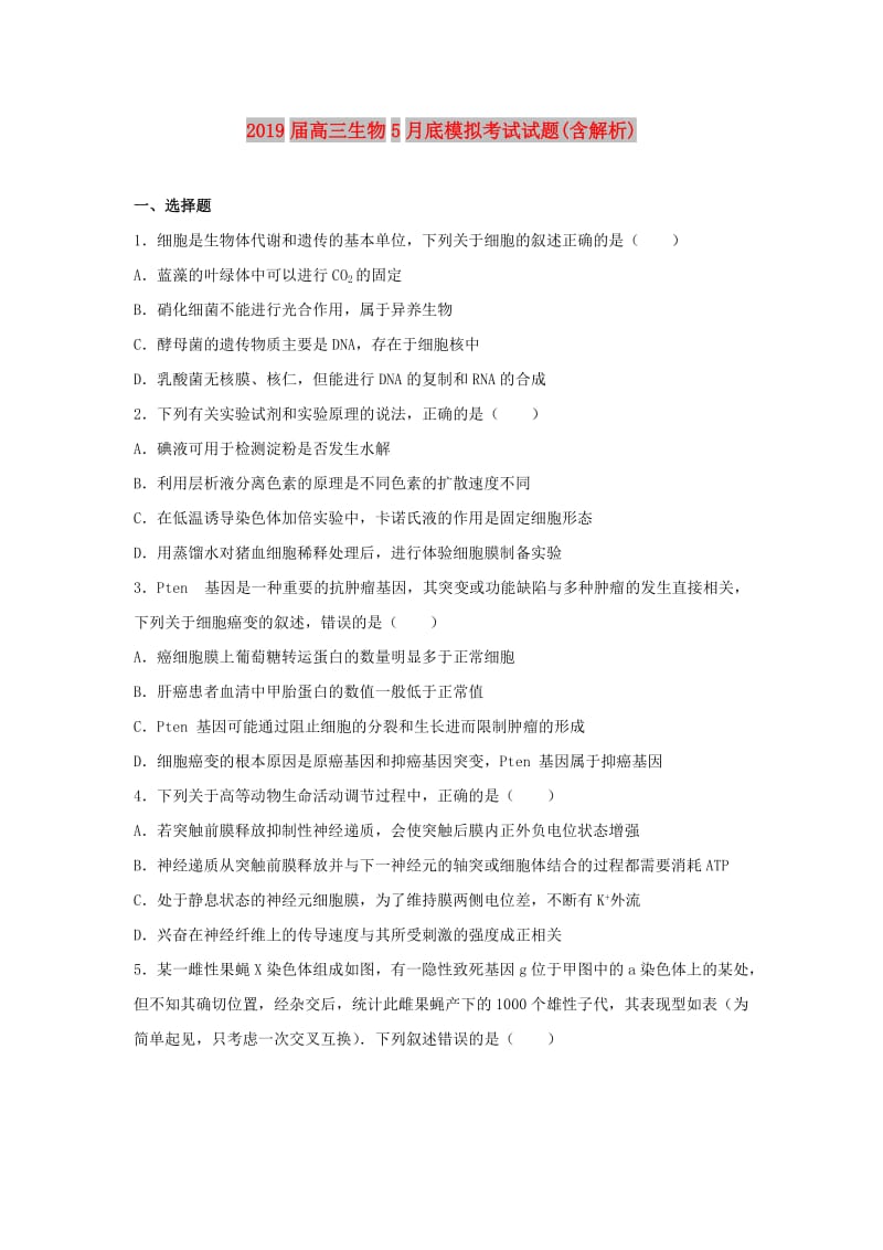 2019届高三生物5月底模拟考试试题(含解析).doc_第1页