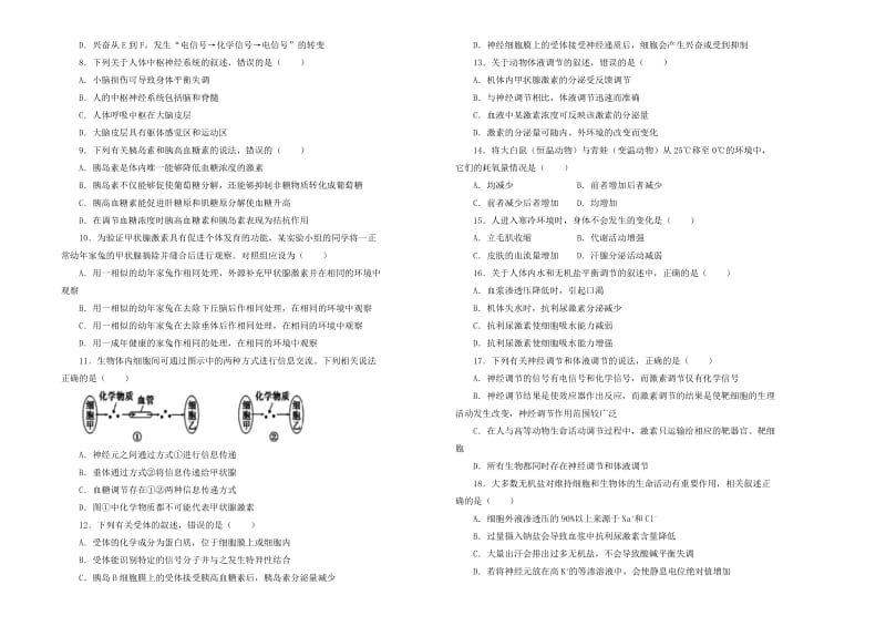 2018-2019学年高中生物 第一、二单元 人体内环境与稳态、动物和人体生命活动的调节训练卷（二）新人教版必修3.doc_第2页