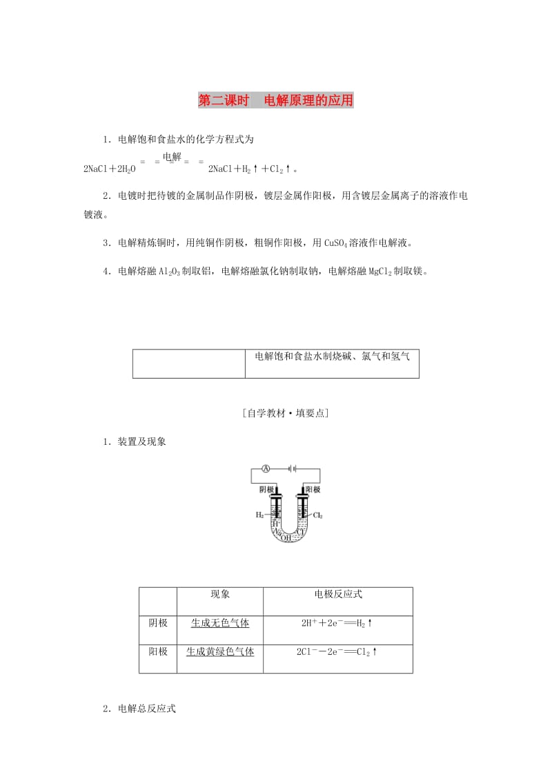 2018-2019学年高中化学 第四章 电化学基础 第三节 第2课时《电解原理的应用》知识点归纳及例题演练 新人教版选修4.doc_第1页