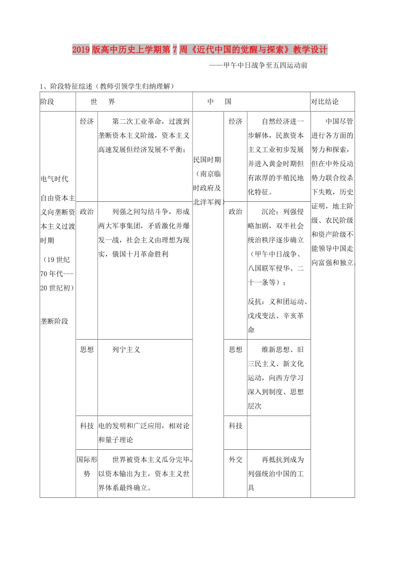 2019版高中历史上学期第7周《近代中国的觉醒与探索》教学设计.doc_第1页