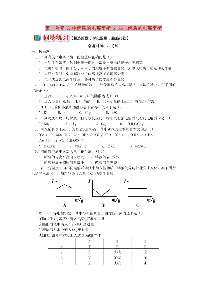 2018年高中化学 专题3 溶液中的离子反应 第一单元 弱电解质的电离平衡 2 弱电解质的电离平衡同步练习 苏教版选修4.doc_第1页