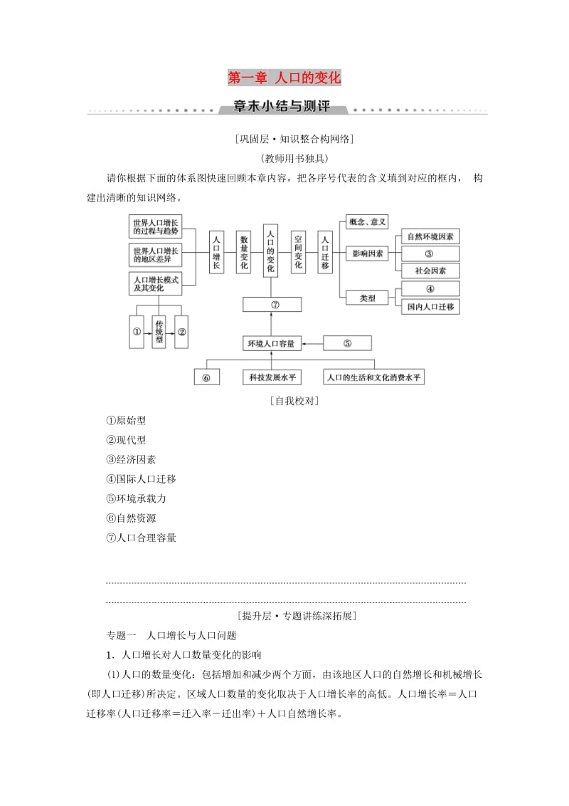 2018-2019学年高中地理 第一章 人口的变化章末小结与测评学案 新人教版必修2.doc_第1页