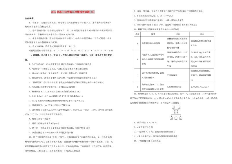 2019届高三化学第二次模拟考试题 (I).doc_第1页