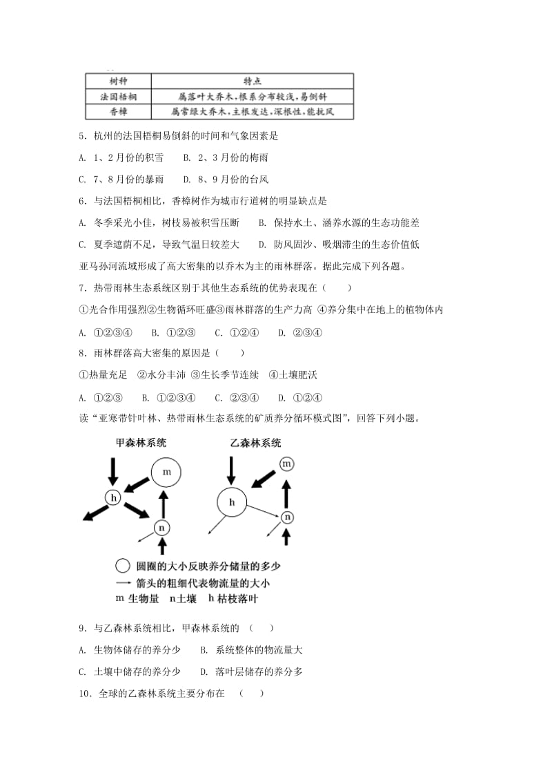 2019-2020学年高一地理下学期第十一次周测试题.doc_第2页