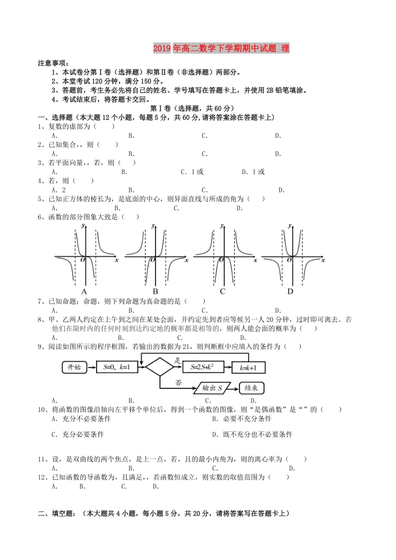 2019年高二数学下学期期中试题 理.doc_第1页