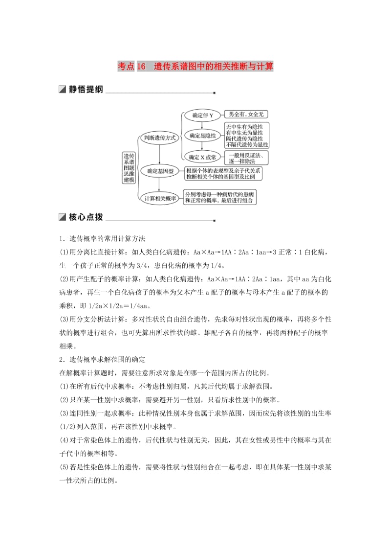 江苏专用2019高考生物二轮复习专题五基因的传递规律考点16遗传系谱图中的相关推断与计算学案.doc_第1页