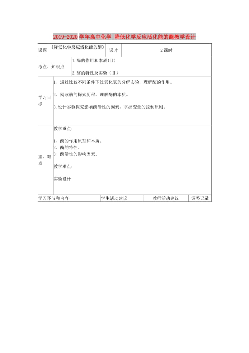 2019-2020学年高中化学 降低化学反应活化能的酶教学设计.doc_第1页