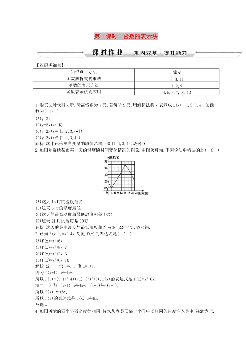 2018-2019学年度高中数学 第一章 集合与函数的概念 1.2 函数及其表示 1.2.2 第一课时 函数的表示法练习 新人教A版必修1.doc_第1页