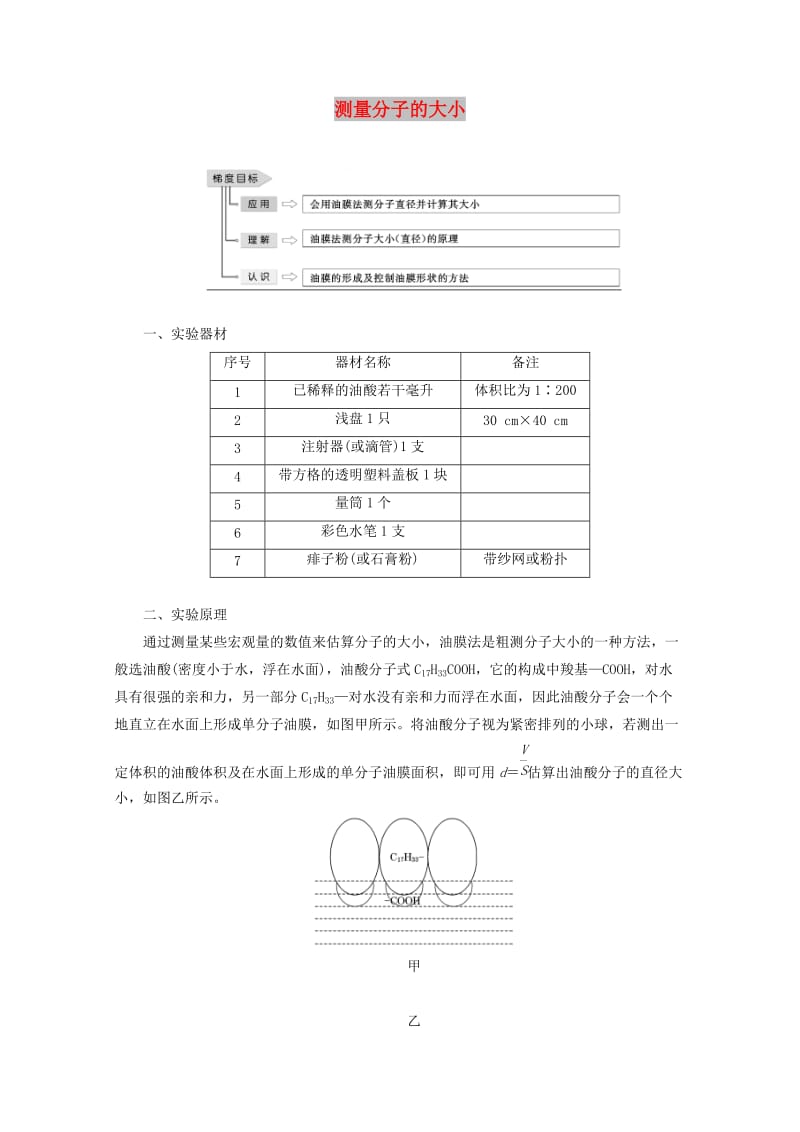 2018－2019学年高中物理 第一章 分子动理论 第二节 测量分子的大小讲义（含解析）粤教版选修3-3.doc_第1页