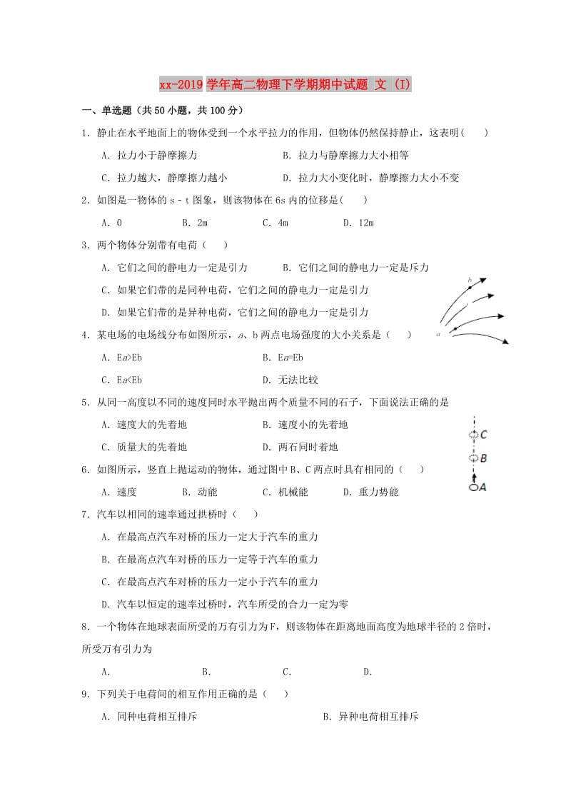 2018-2019学年高二物理下学期期中试题 文 (I).doc_第1页