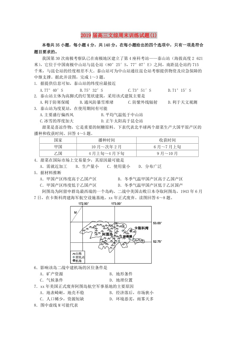 2019届高三文综周末训练试题(1).doc_第1页