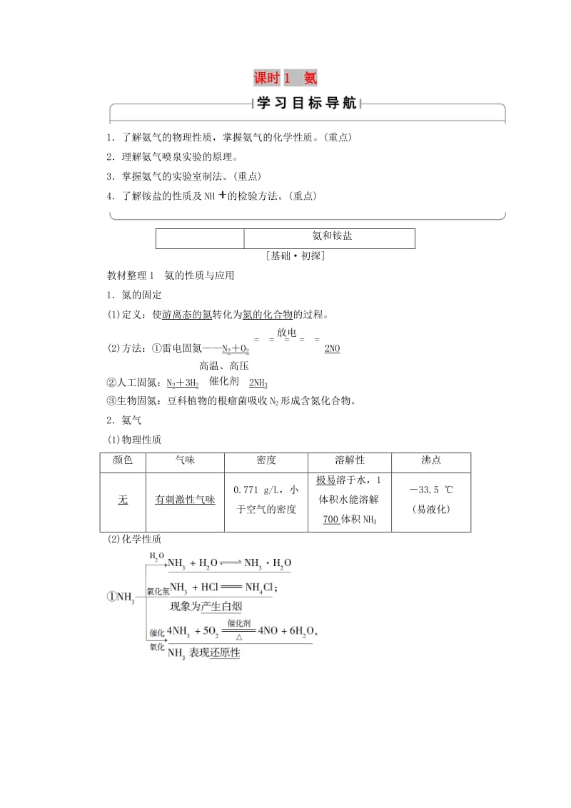 2018版高中化学 第四章 非金属及其化合物 第4节 氨 硝酸 硫酸 课时1 氨学案 新人教版必修1.doc_第1页