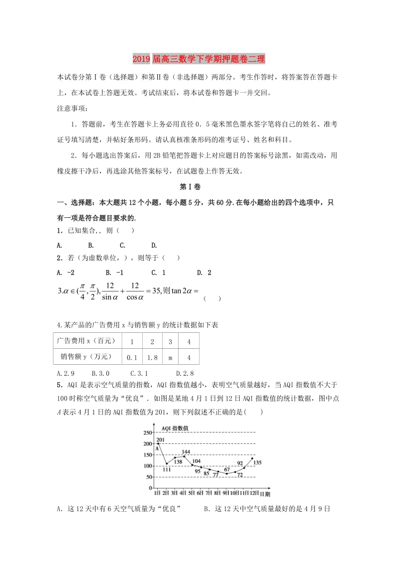 2019届高三数学下学期押题卷二理.doc_第1页