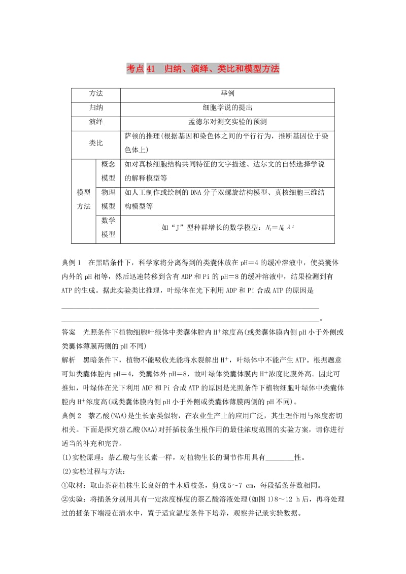 江苏专用2019高考生物二轮复习专题十三常考实验技能考点41归纳演绎类比和模型方法学案.doc_第1页