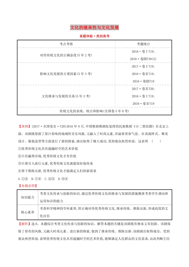 2019届高考政治一轮复习 真题体验 亮剑高考 3.2.4 文化的继承性与文化发展 新人教版必修3.doc_第1页