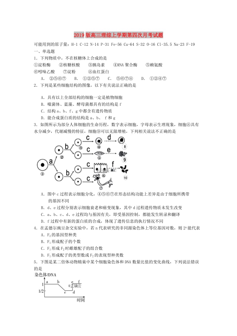 2019版高三理综上学期第四次月考试题.doc_第1页