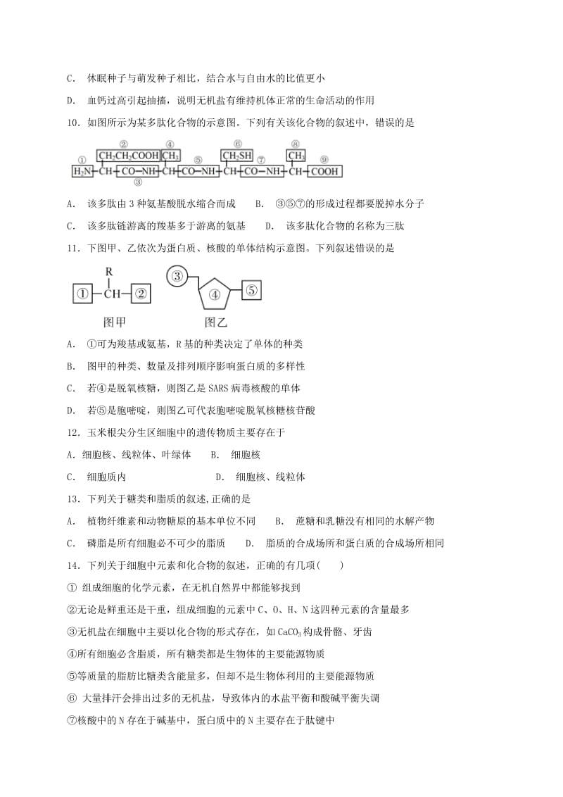 2019-2020学年高一生物上学期“创高杯”试题.doc_第3页