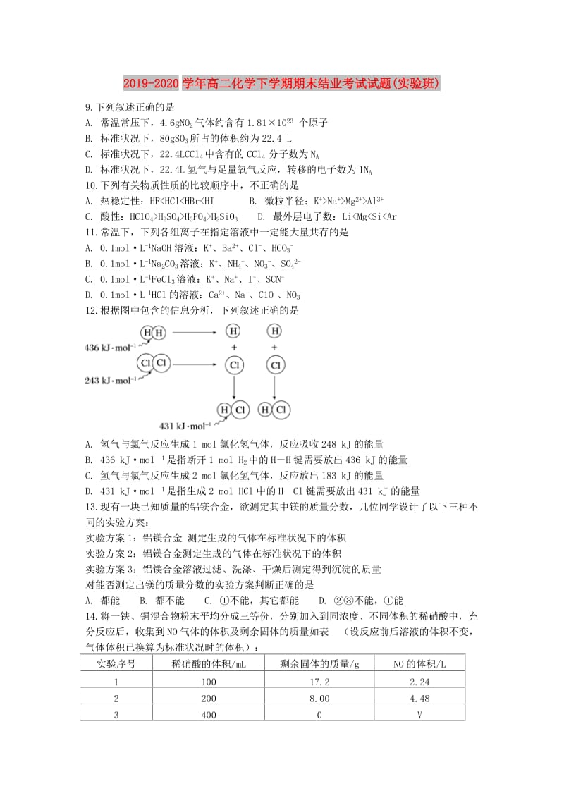 2019-2020学年高二化学下学期期末结业考试试题(实验班).doc_第1页