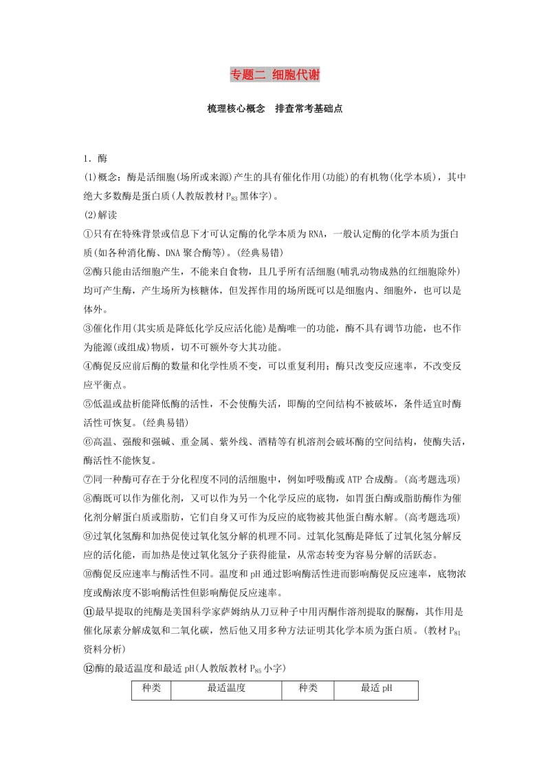 通用版2019版高考生物二轮复习专题二细胞代谢梳理核心概念排查常考基础点学案.doc_第1页