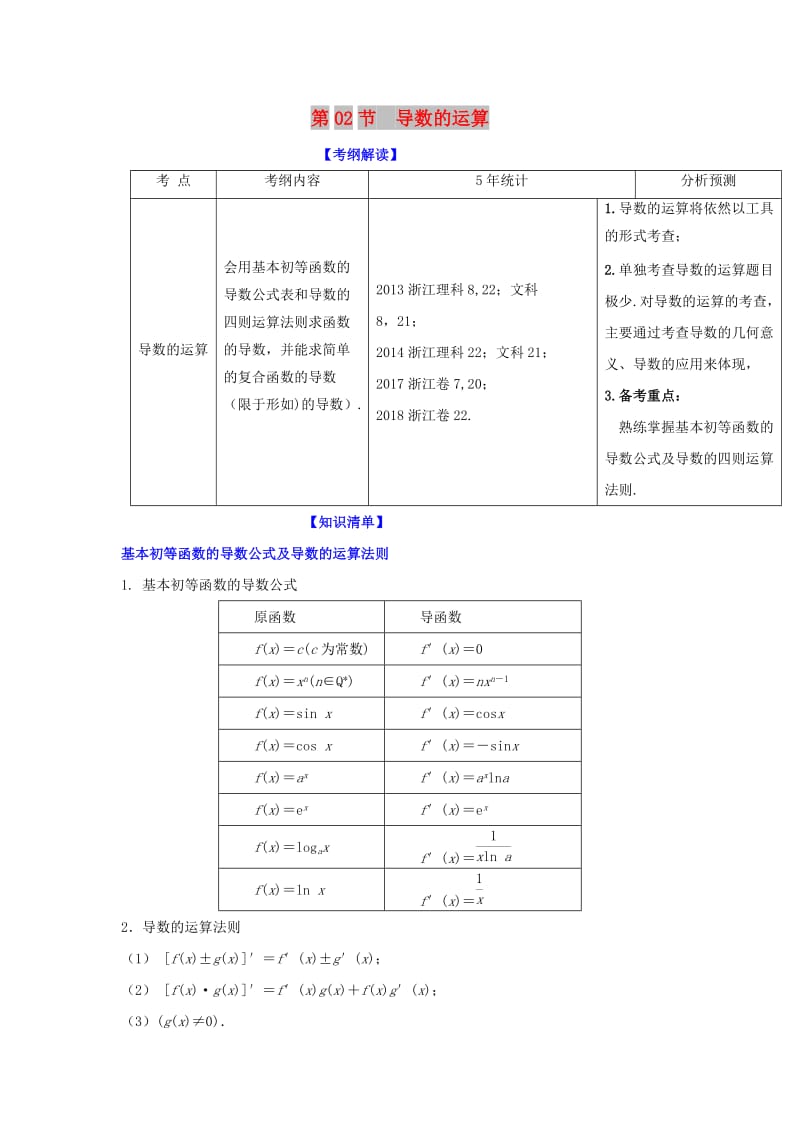 （浙江专版）2019年高考数学一轮复习 专题3.2 导数的运算（讲）.doc_第1页