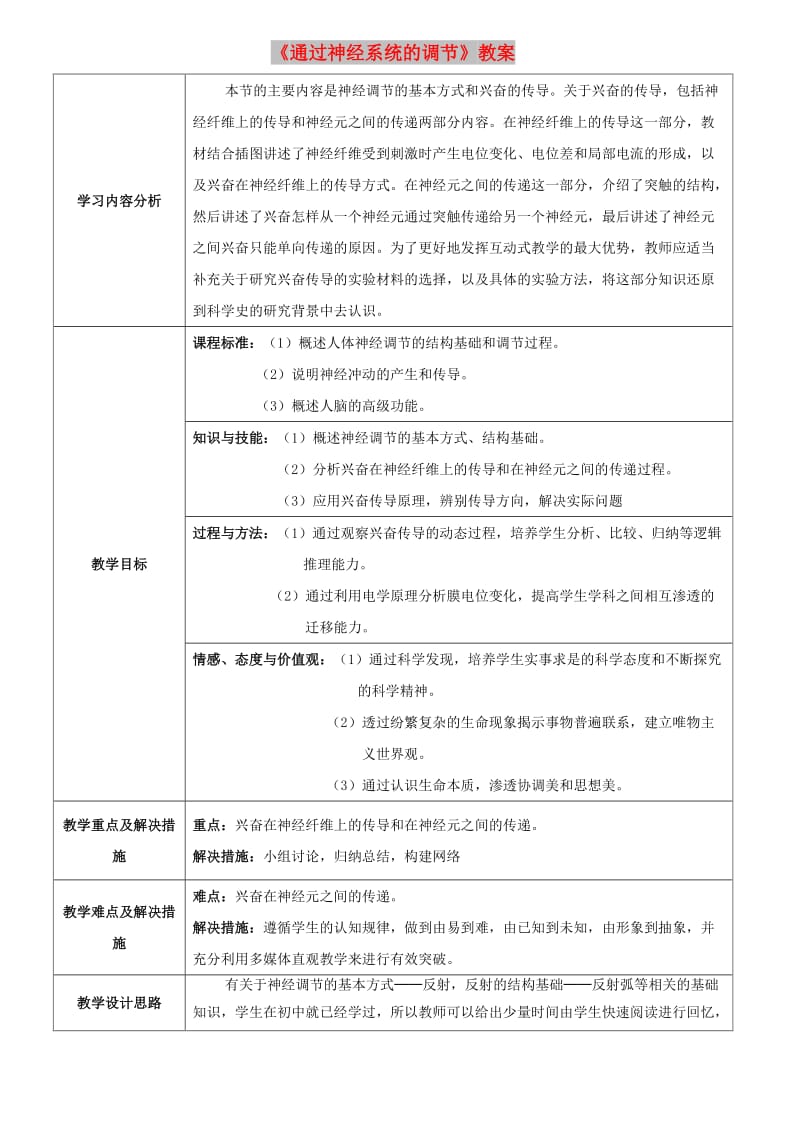 云南省峨山彝族自治县高中生物 第二章 动物和人体生命活动的调节 2.1《通过神经系统的调节》教案 新人教版必修3.doc_第1页