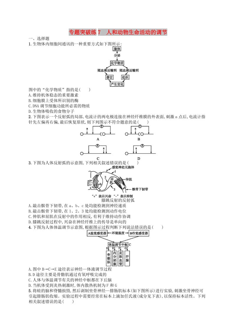 新课标广西2019高考生物二轮复习专题三动物生理学专题突破练7人和动物生命活动的调节.doc_第1页