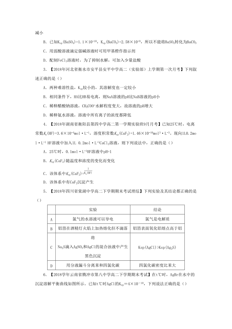 2018-2019学年高二化学 寒假训练09 难溶物的溶解平衡.docx_第2页