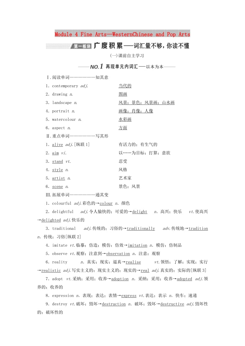 新课改2020版高考英语一轮复习Module4FineArts-WesternChineseandPopArts学案含解析外研版必修2 .doc_第1页