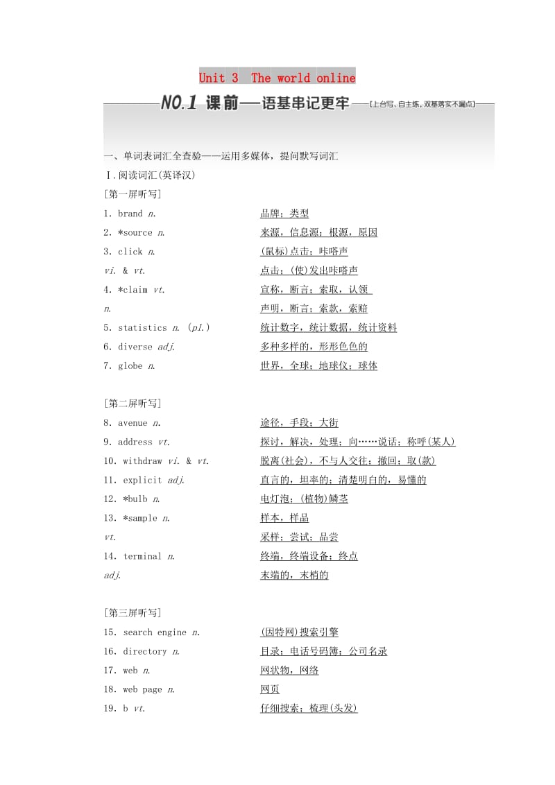 （江苏专用）2020高考英语一轮复习 Unit 3 The world online学案（含解析）牛津译林版选修7.doc_第1页