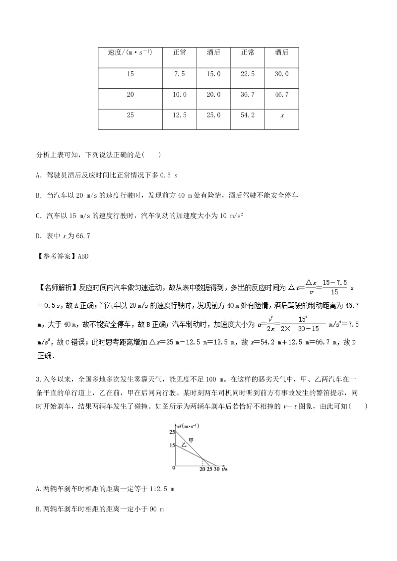 2019年高考物理一轮复习 专题1.8 道路交通安全千题精练.doc_第2页