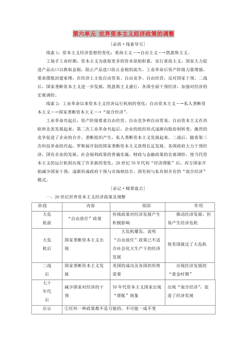 2019高中历史 第六单元 世界资本主义经济政策的调整单元小结与测评讲义（含解析）新人教版必修2.doc_第1页