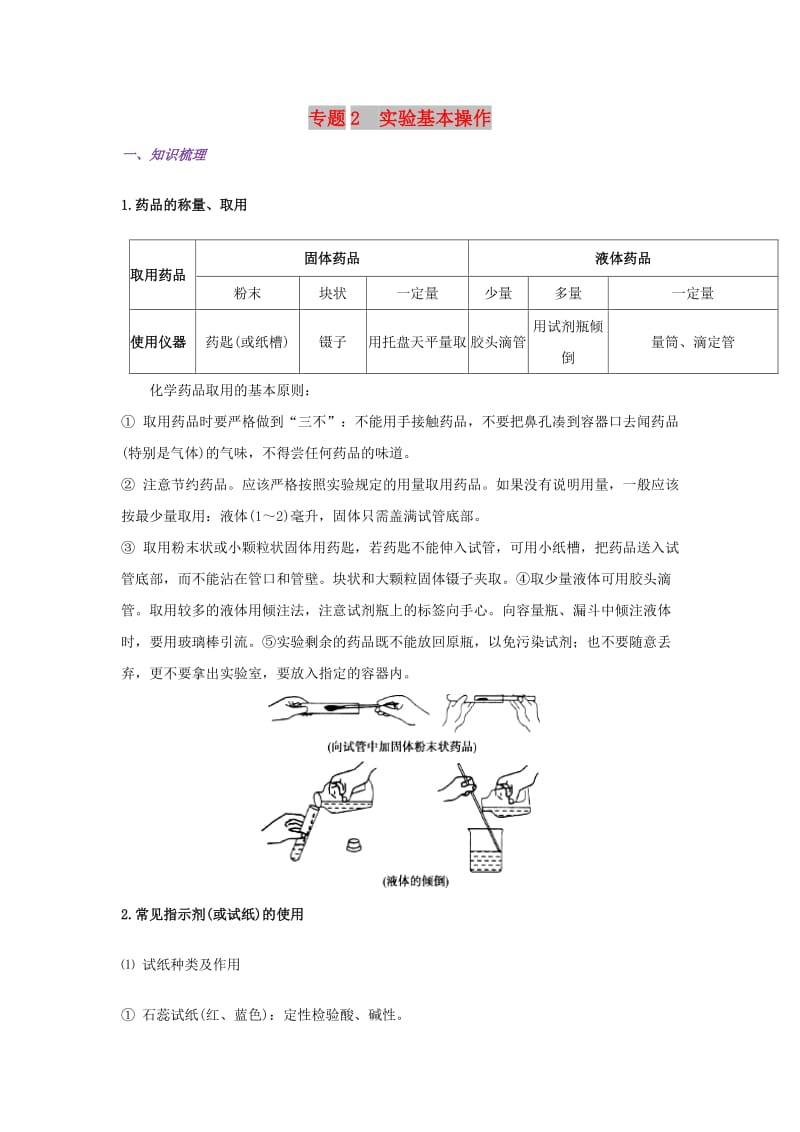 2019年高考化学一轮复习 化学实验基础 专题02 实验基本操作练习.doc_第1页