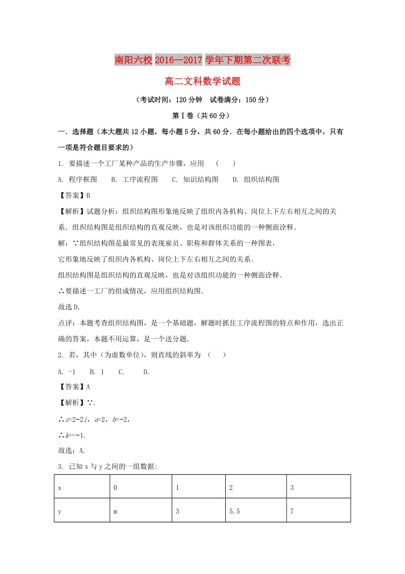 河南省南阳六校2016-2017学年高二数学联考试题 文（含解析）.doc_第1页