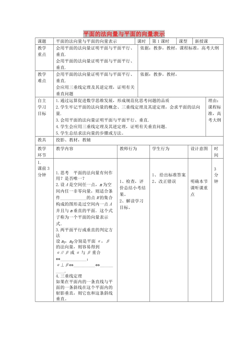 辽宁省大连市高中数学 第三章 空间向量与立体几何 3.2.2 平面的法向量与平面的向量表示教案 新人教B版选修2-1.doc_第1页