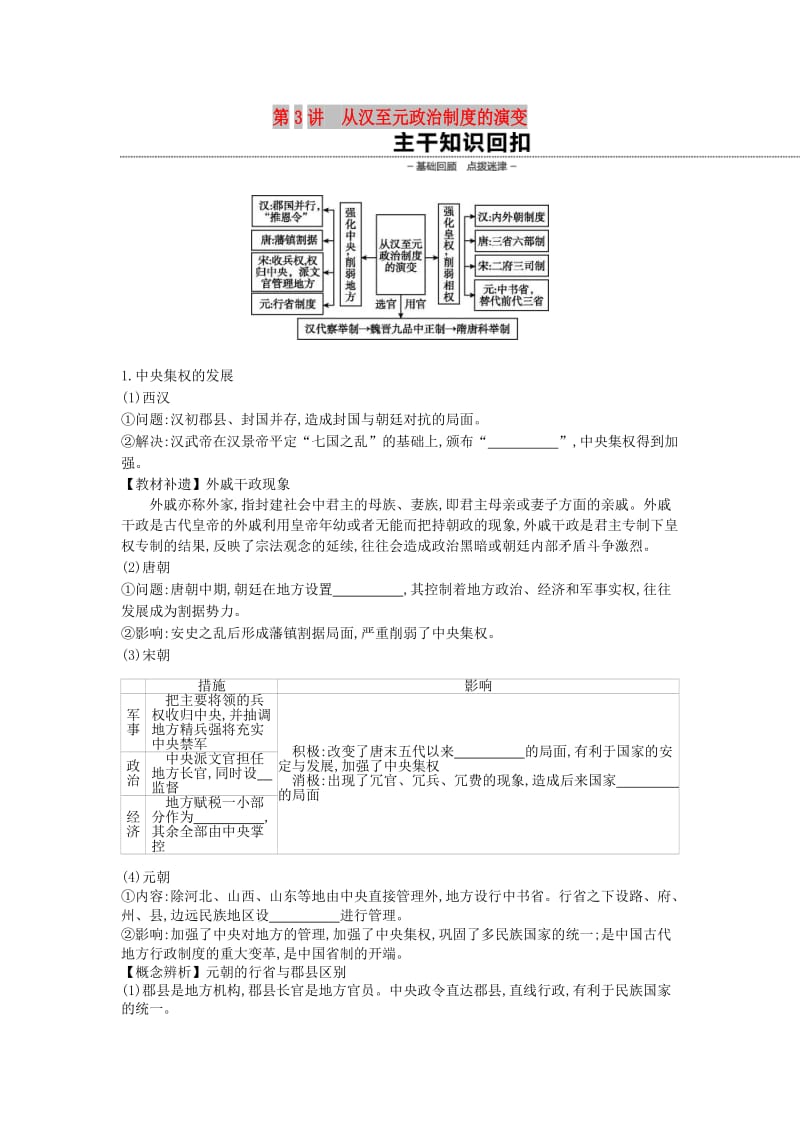 全品复习方案2020届高考历史一轮复习第1单元古代中国的政治制度第3讲从汉至元政治制度的演变教案含解析新人教版.docx_第1页