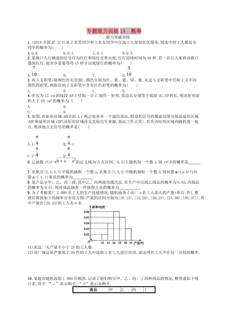 2019年高考数学二轮复习 专题七 概率统计 专题能力训练19 概率 文.doc_第1页